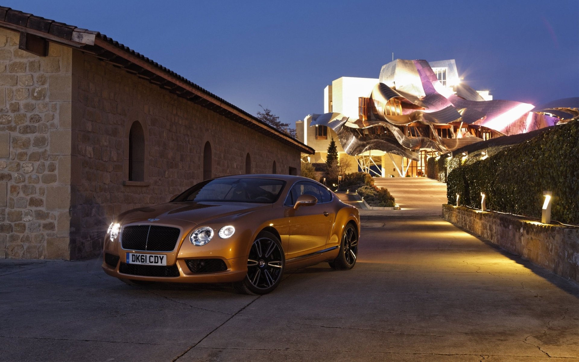 bentley continental gt v8 bentley continental gt b8 coupe front headlights evening twilight roof sky