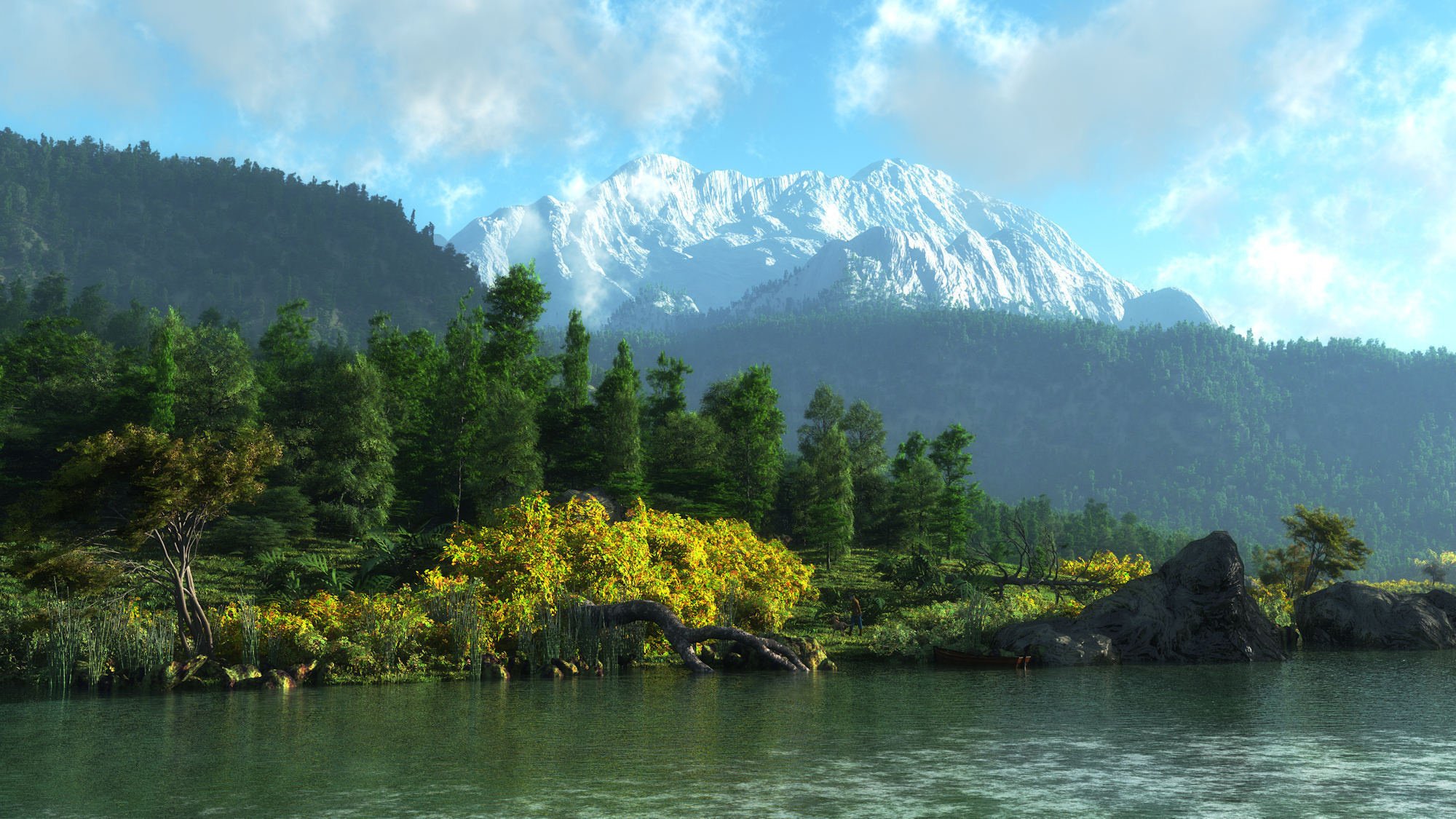 landscape mountains forest river