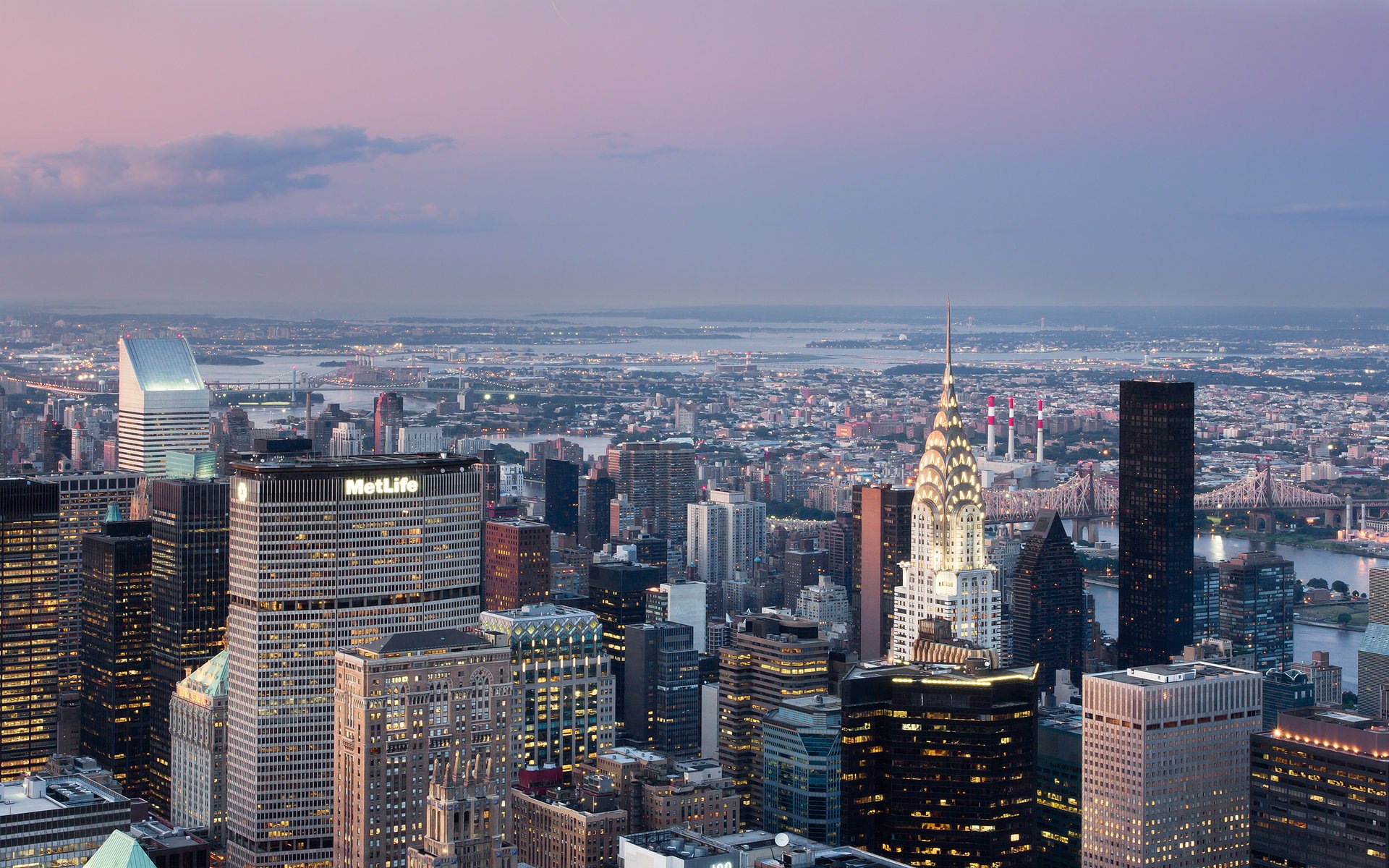 ville lumières ciel maisons bâtiments rivière nuages pont new york