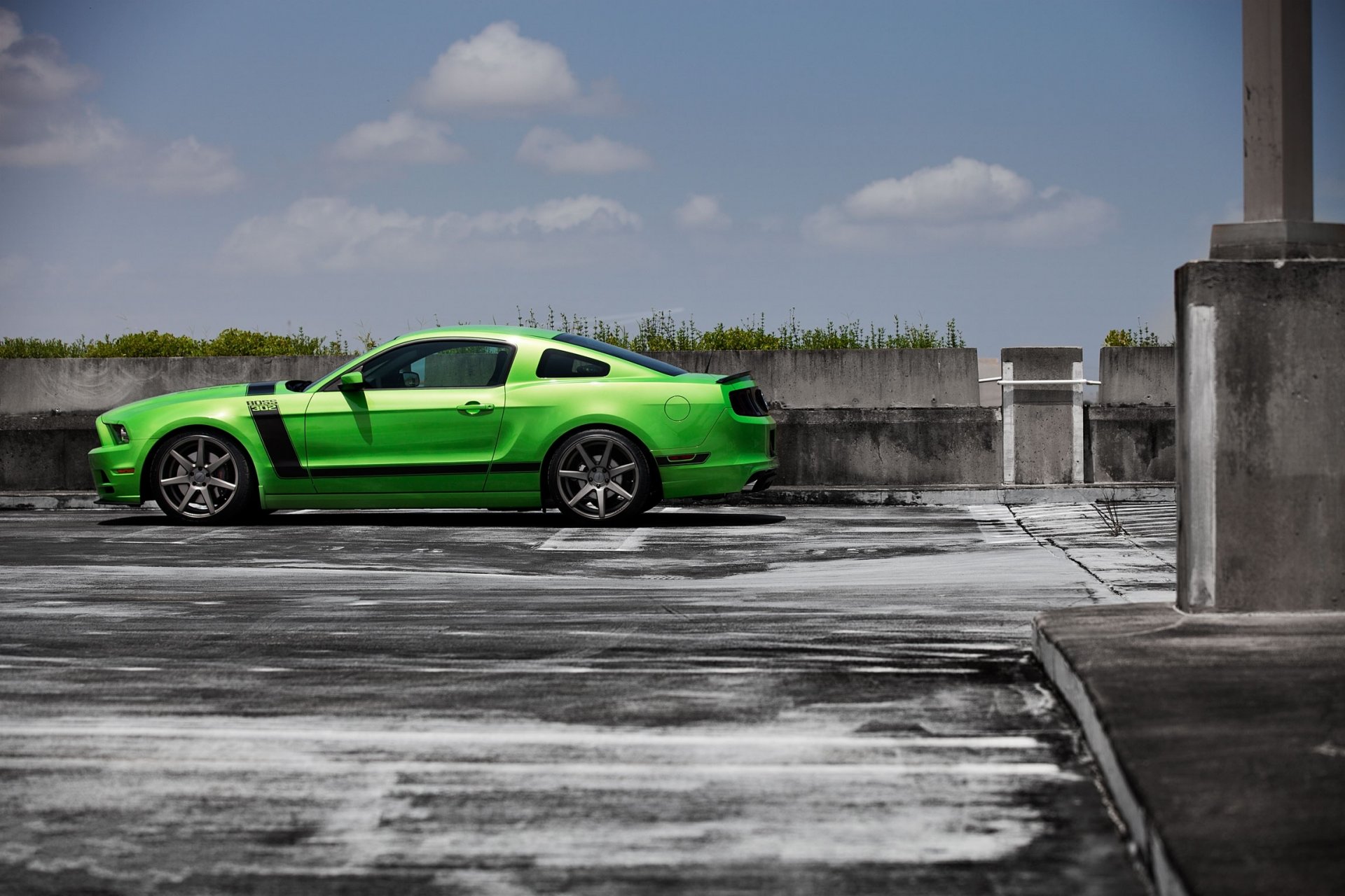 ford mustang boss 302 grün mustang boss 302 hellgrün proophile schwarzer streifen himmel wolken zaun gras