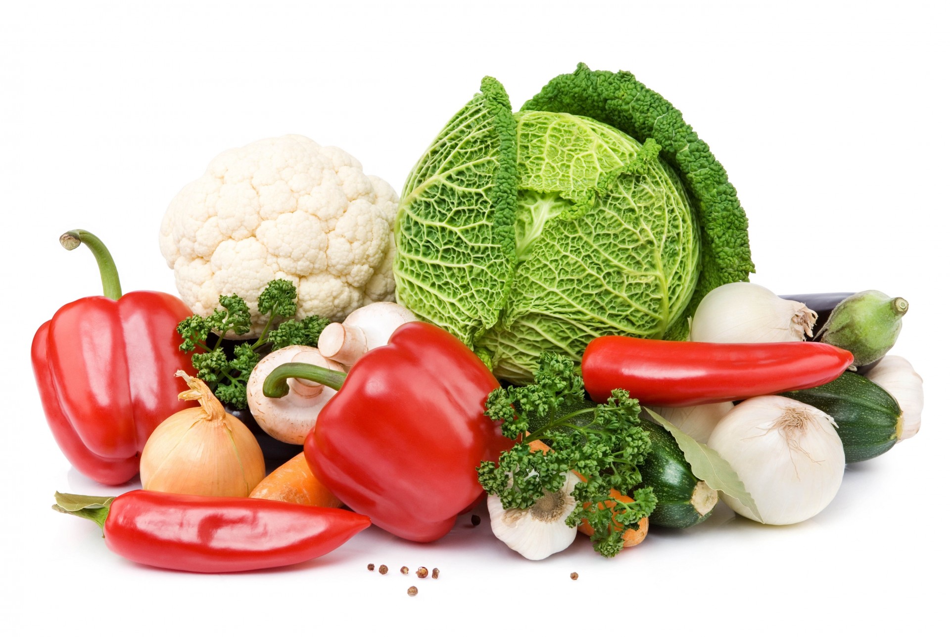 eggplant mushrooms carrots white background pepper cabbage