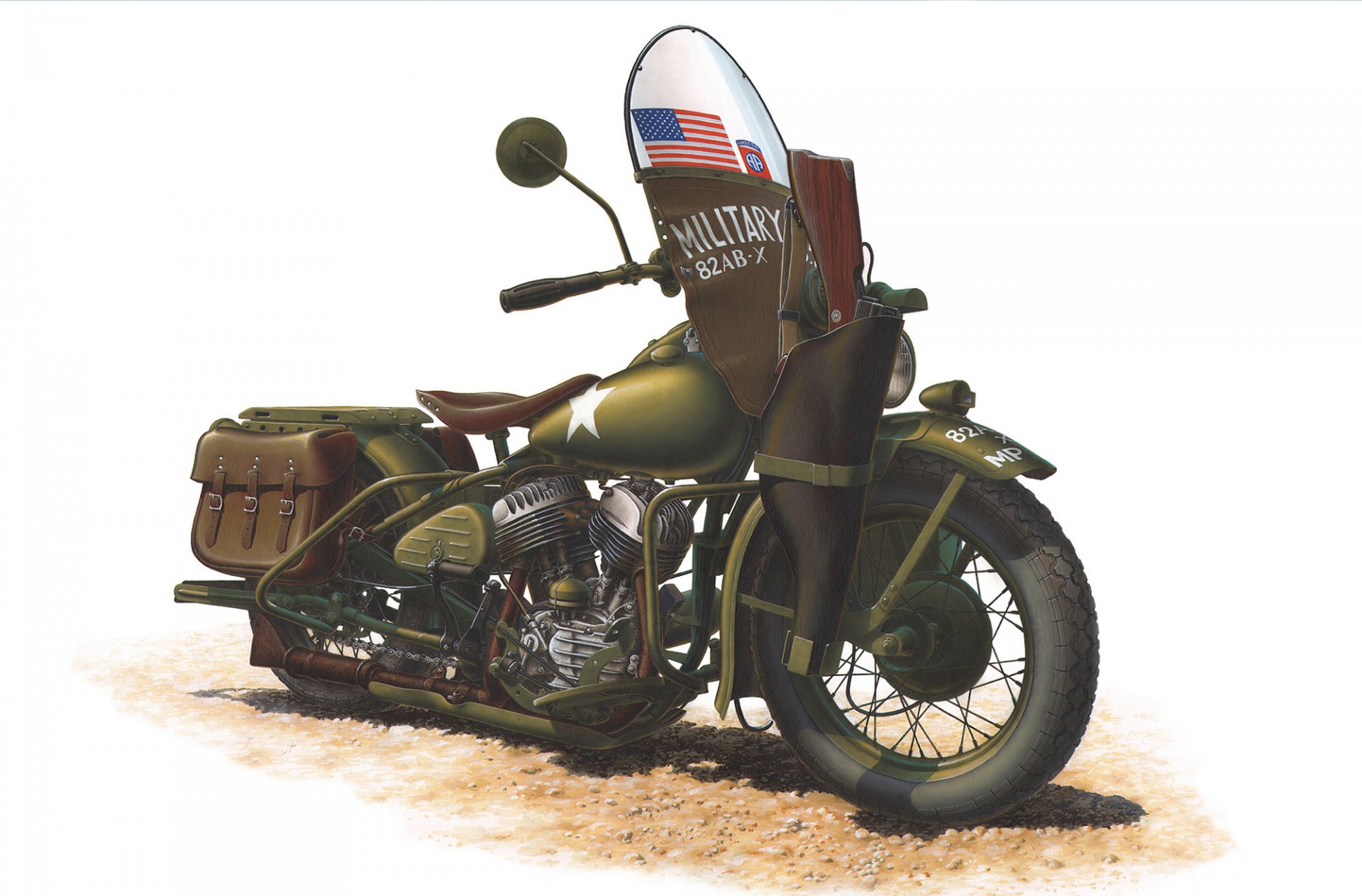 art american motorcycle harley-davidson wla model 1942 colors khaki had v-shaped two-cylinder engine with volume cylinders in cubic inches equipped military purposes was the main vehicle for american soldiers by