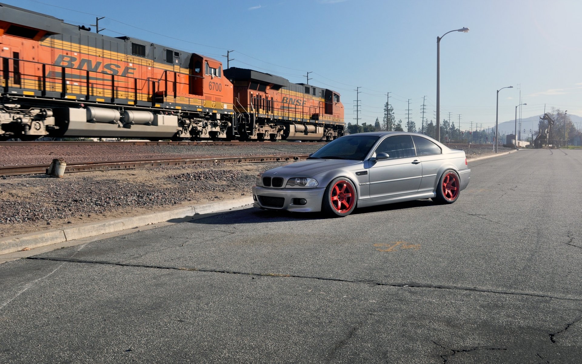 bmw m3 e46 silver bmw silver red wheels train power line