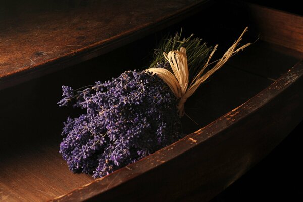 A bouquet of lavender in a drawer