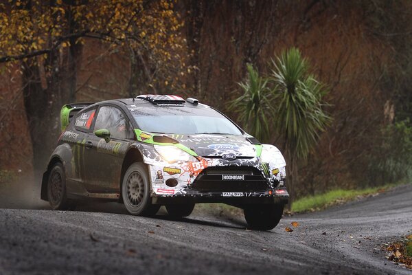 Rennwagen Ford fiesta Rallye fährt auf der Straße entlang des Waldes