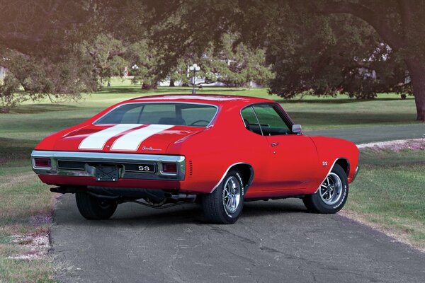 Red Chevrolet Chevelle car with white stripes on the hood