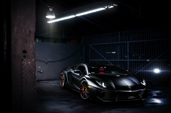 Black lamborghini,, hidden in the garage