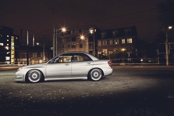 Silver subaru impreza night city