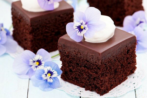 Wet chocolate brownie with flowers