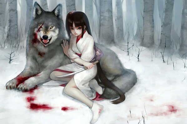 A girl and a wounded wolf in the snow