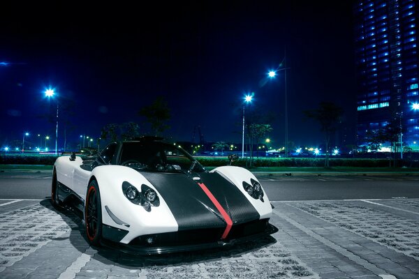 Pagani on the background of blue Singapore lights