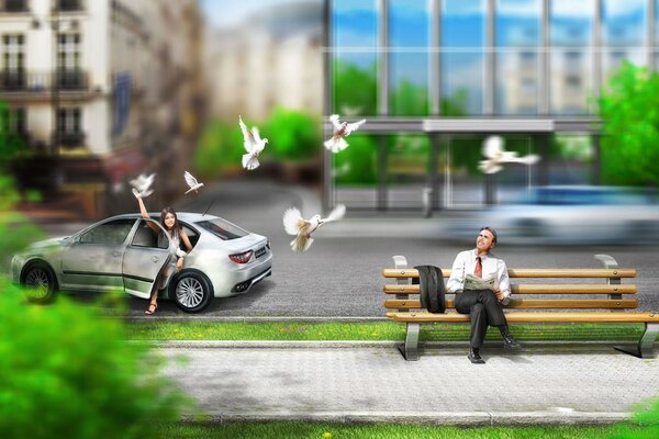 An image of a street, a man on a bench and a girl getting out of a car and flying pigeons