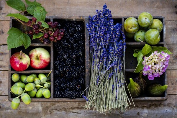 Berries, fruits and flowers in a wooden box
