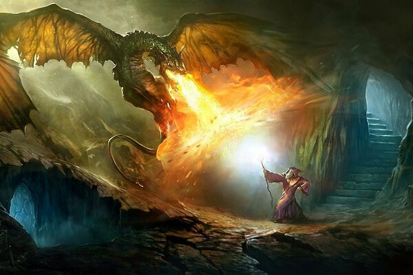 Колдун сражается с огненным драконом