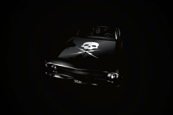 Graphics black background and black car with a skull