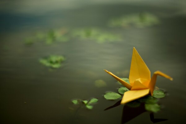 Yellow paper crane on the water