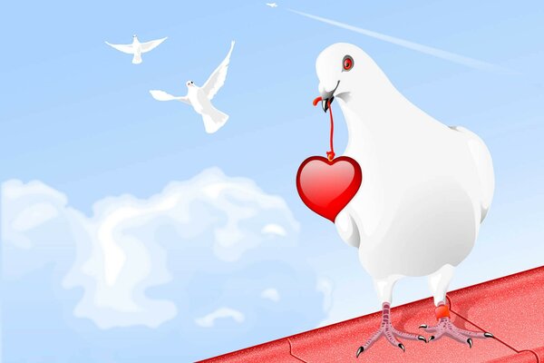 Zeichnung einer weißen Taube mit einem Herz im Schnabel