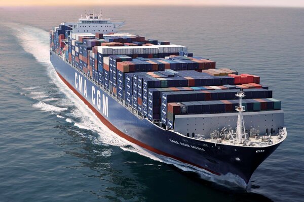 CMA CGM super container ship on the move in the ocean
