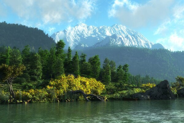 Berge Wald Fluss Bild