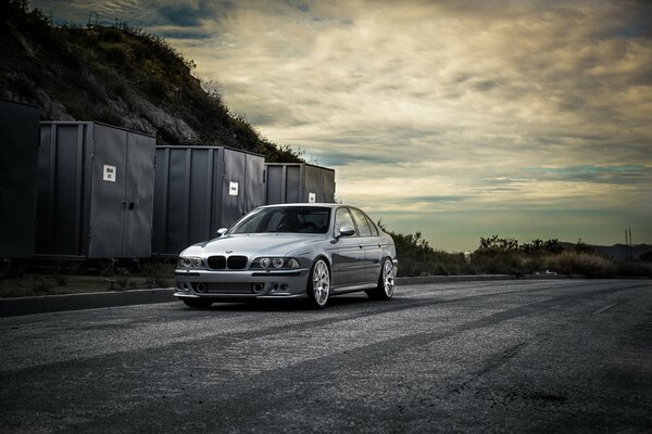 Silver BMW in the twilight of the night