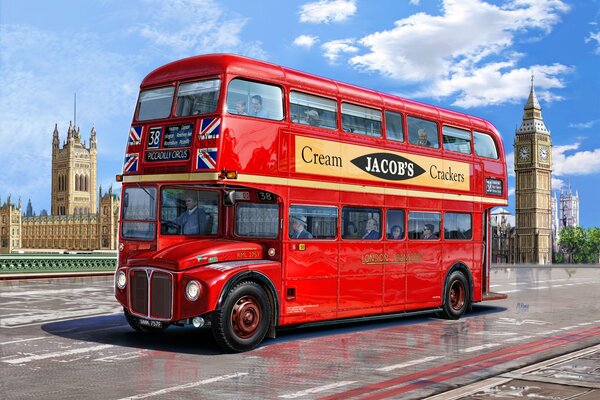 Londoner Doppelstockbus in roter Farbe auf Big Ben Hintergrund