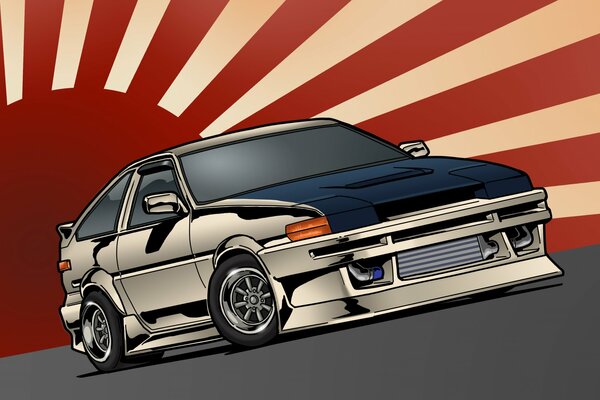 Drawing of toyota corolla ae86 on the background of the flag