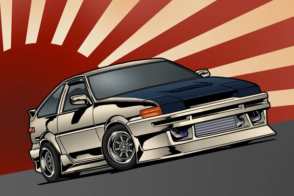 Rysunek Toyoty Corolla ae86 na tle flagi