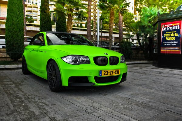 Green BMW m1 coupe of green color in France on a background of trees