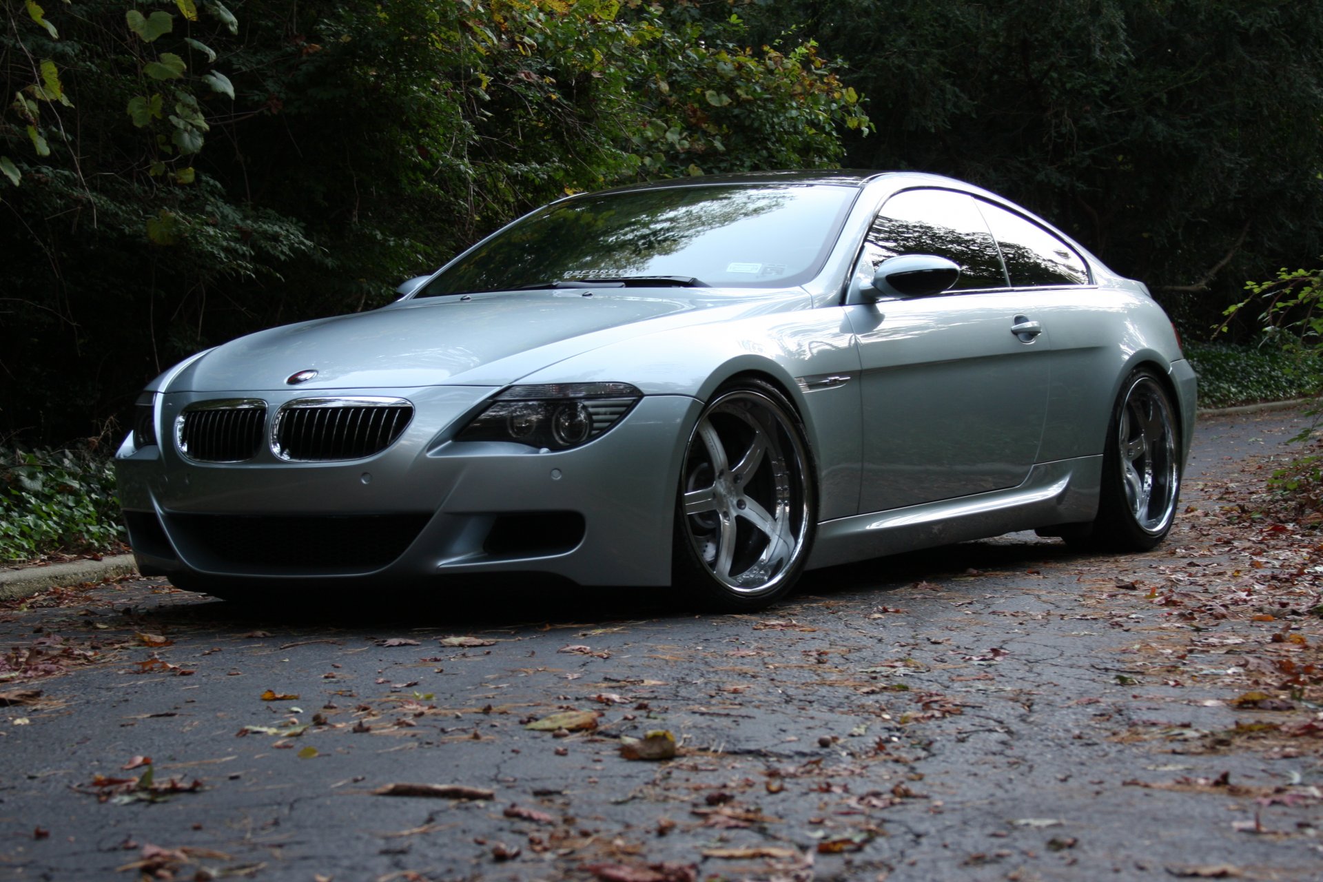 bmw m6 e63 silver wheels road bmw silver rims reflection leaves tree