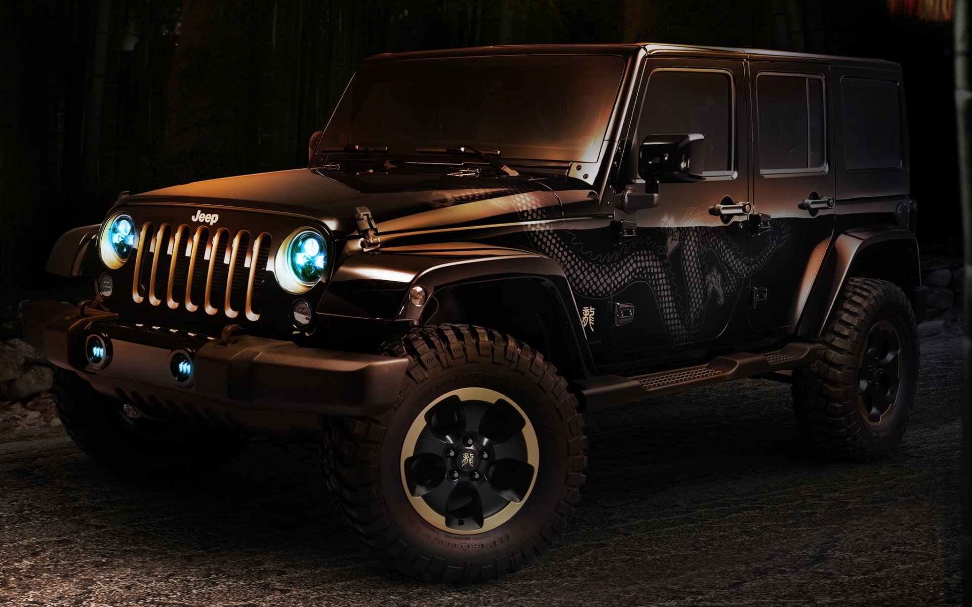 jeep wrangler dragón concepto rangler concepto frente suv faros penumbra