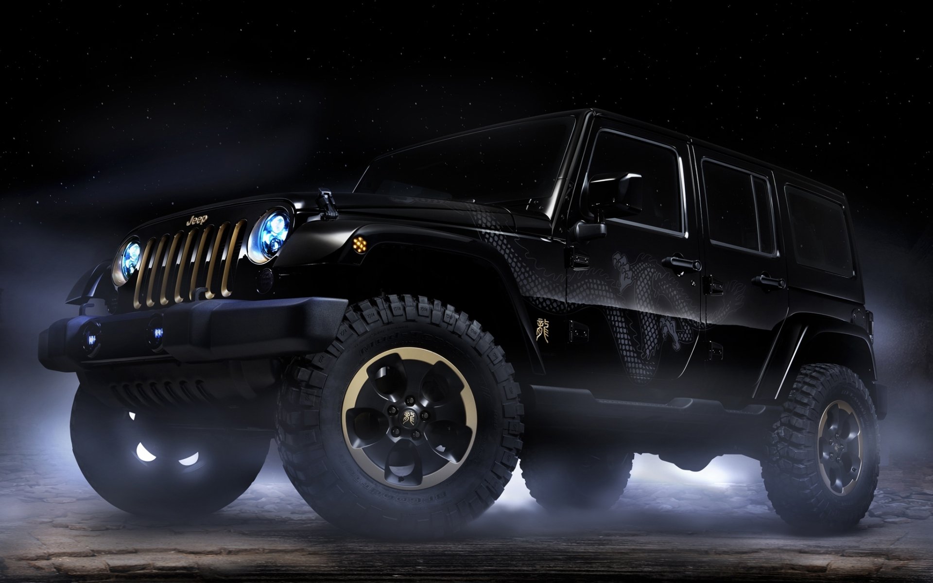 jeep wrangler dragon concept rengler concept przód suv reflektory półmrok