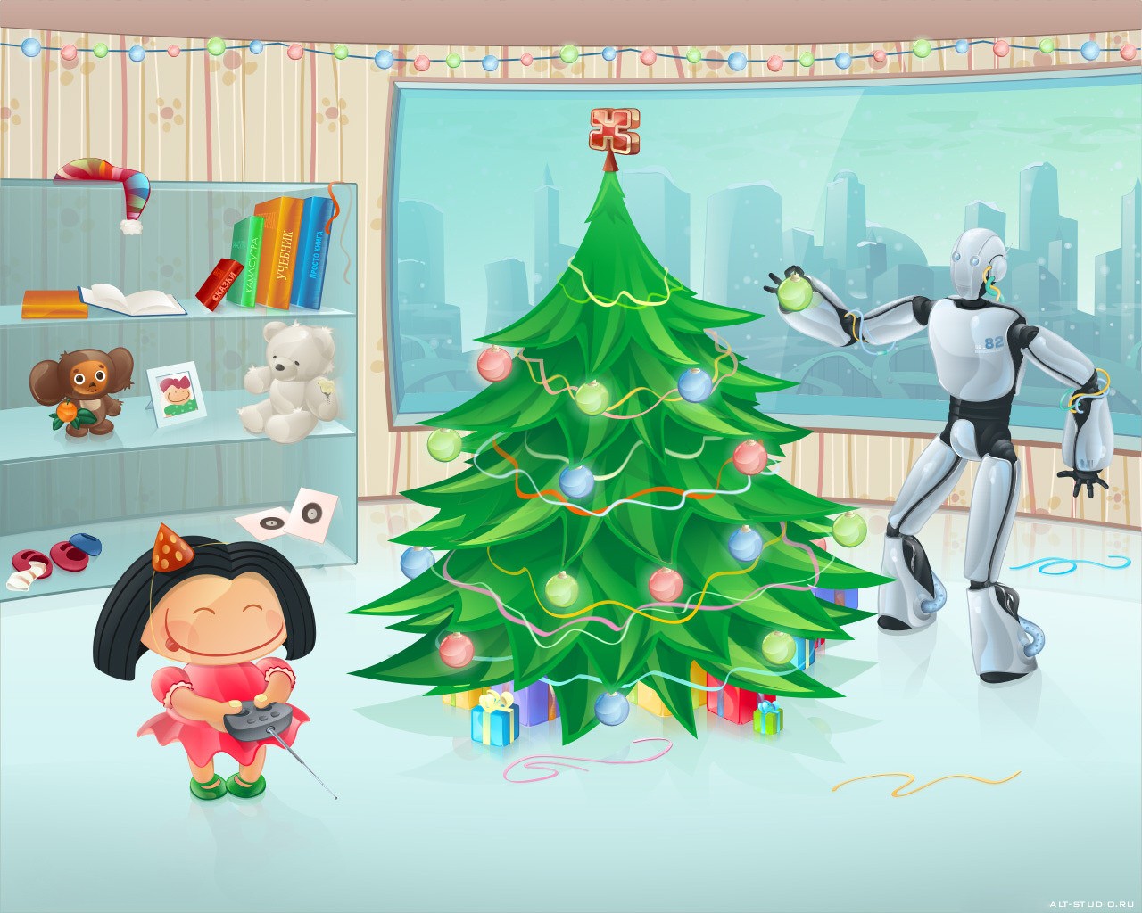 figura robot albero di natale nuovo anno ragazza