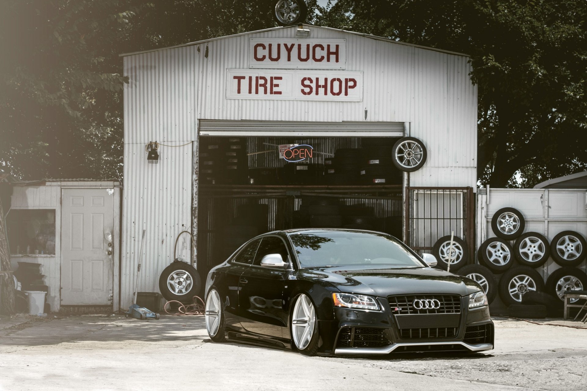 audi s5 car machinery tuning planting tyres hotel fence tree