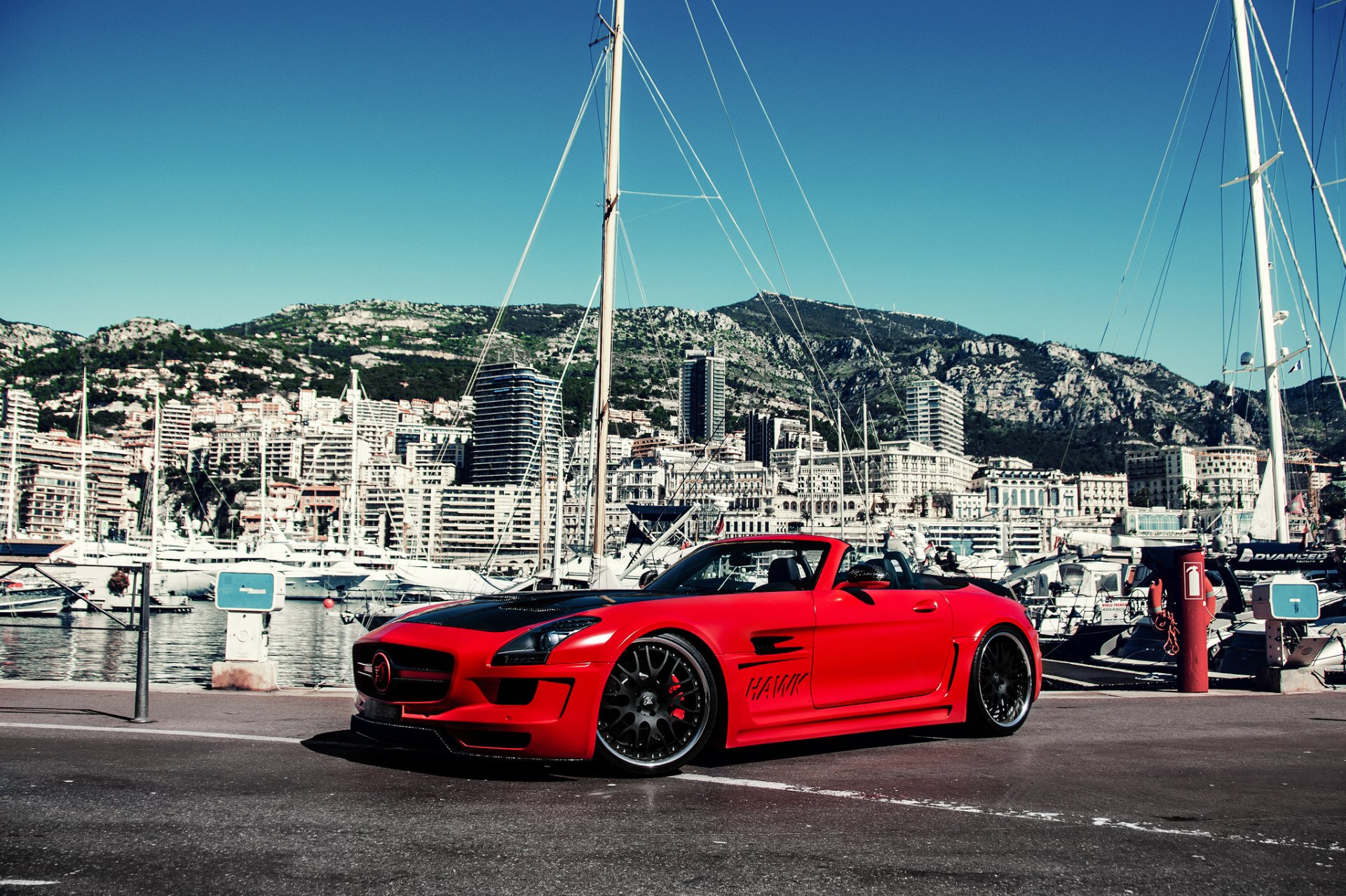 mercedes sls amg hamann hawk tuning rot yacht berge gebäude insel mercedes sls hamann yacht gebäude insel