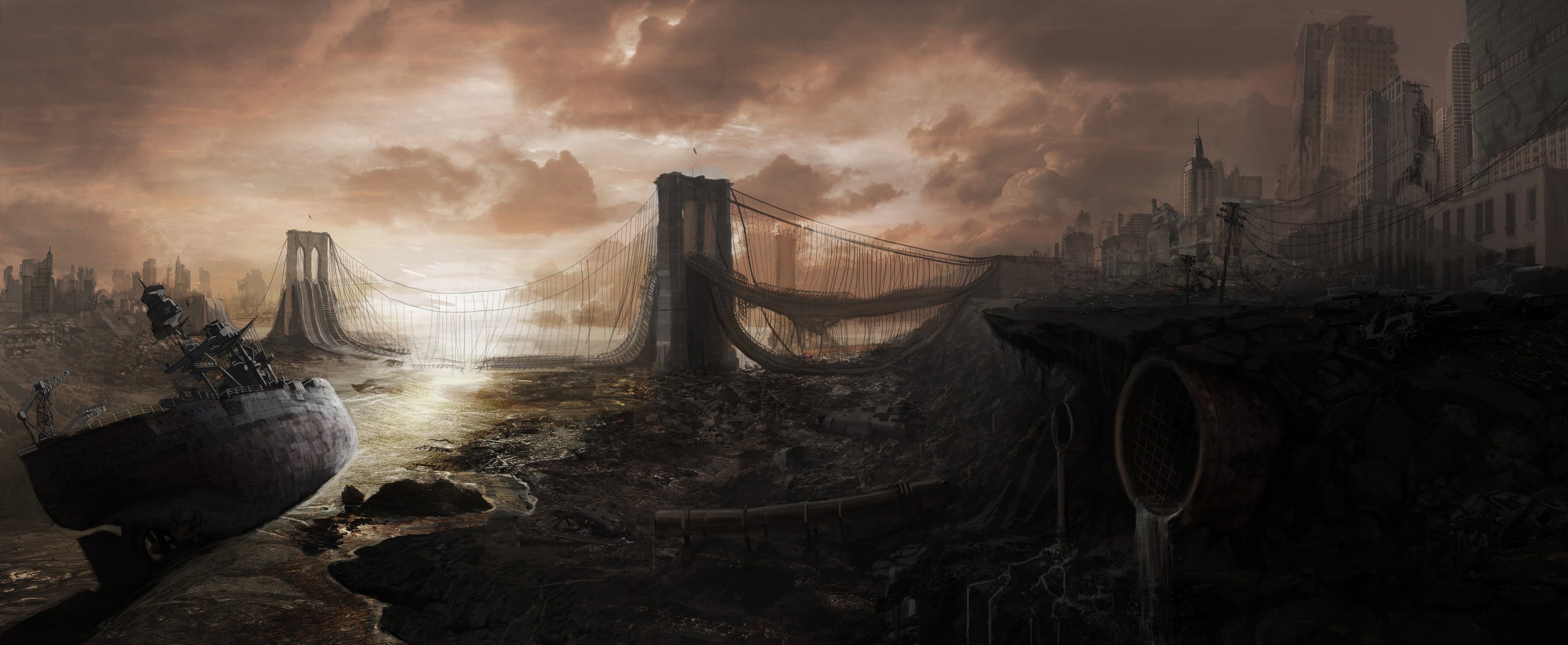 post-apocalypse ruines pont ruine ville navire