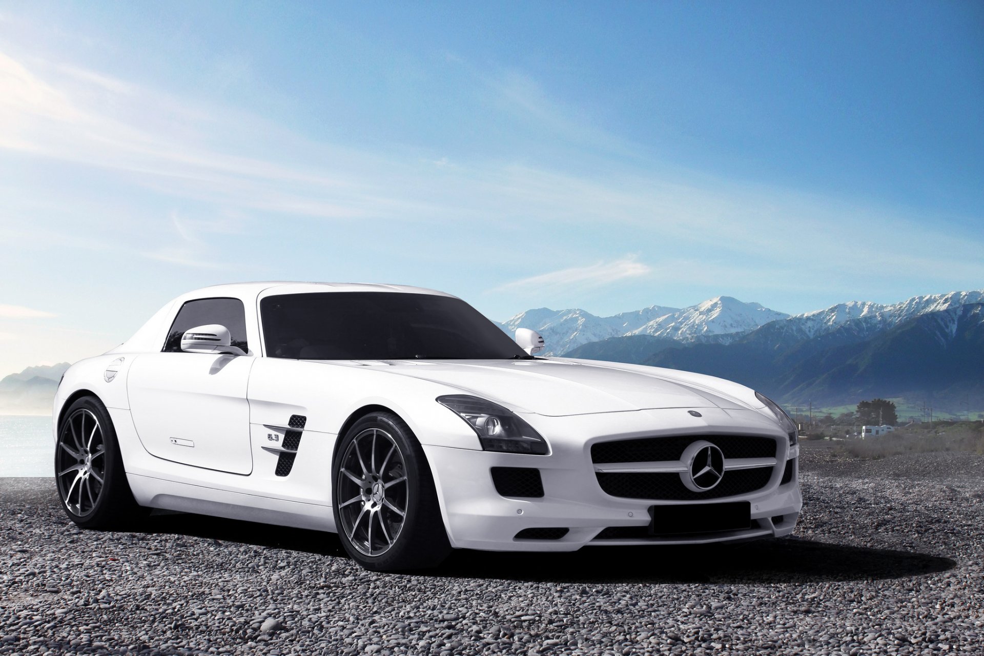 mercedes-benz sls amg biały przód mercedes benz niebo góry horyzont