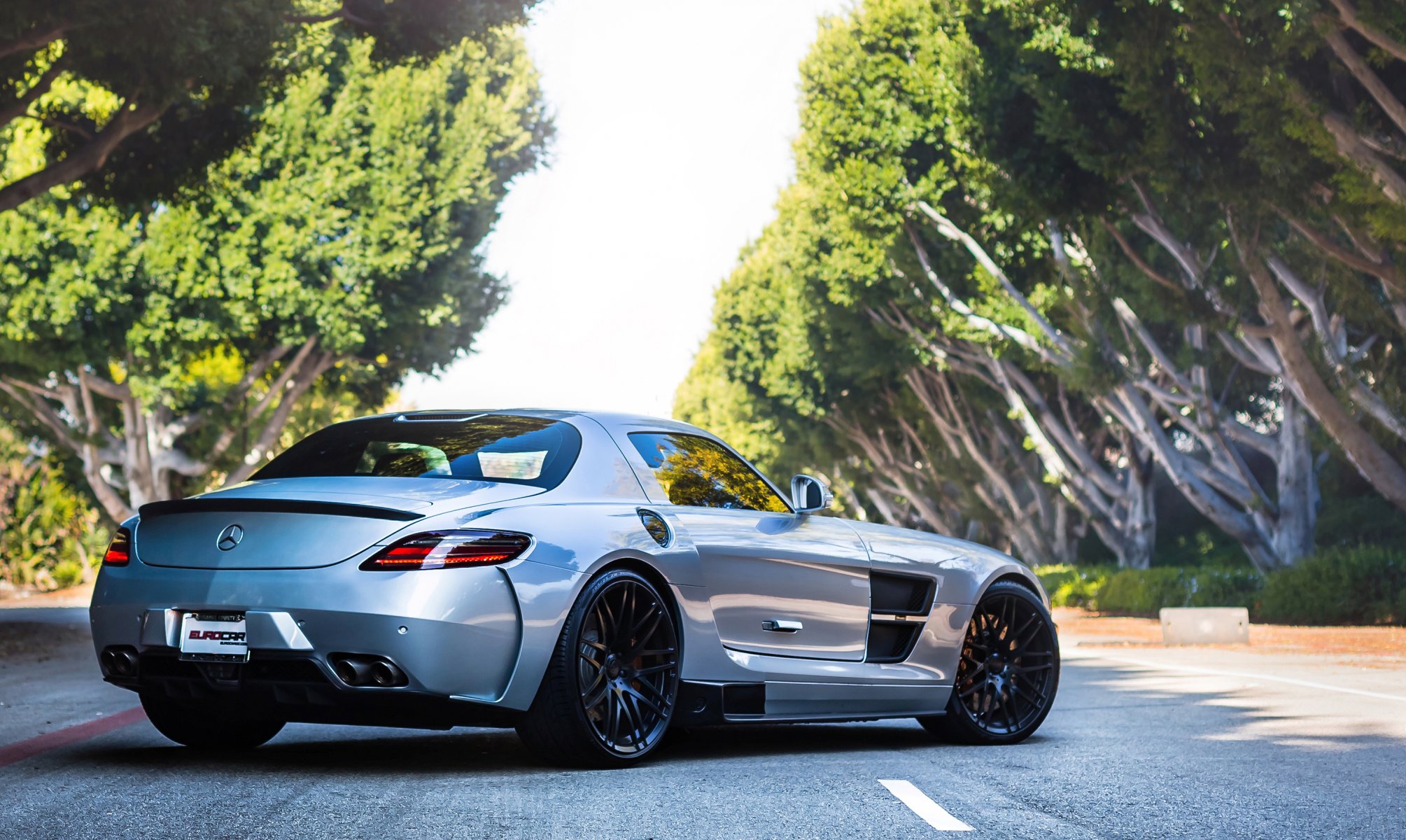 mercedes sls amg argent retour route arbre mercedes amg argent arbres