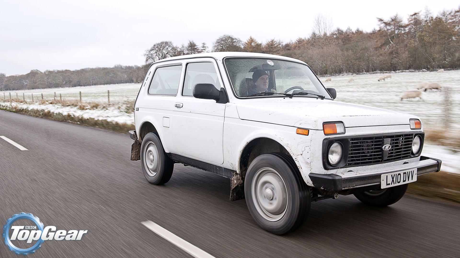 top gear top gear top gear the best TV show lada 4x4 export edition niva jeep suv front end white road trees james may james may