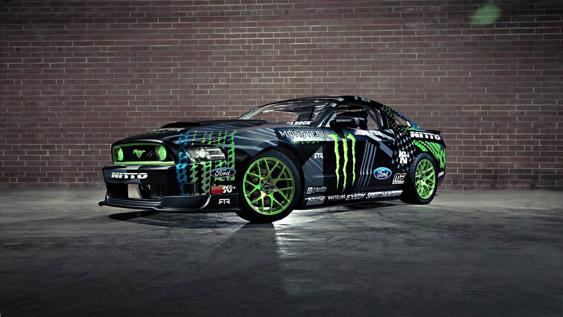 ford mustang rtr deriva vaughn jittin jr. monster energy competencia coche deportivo negro verde pared