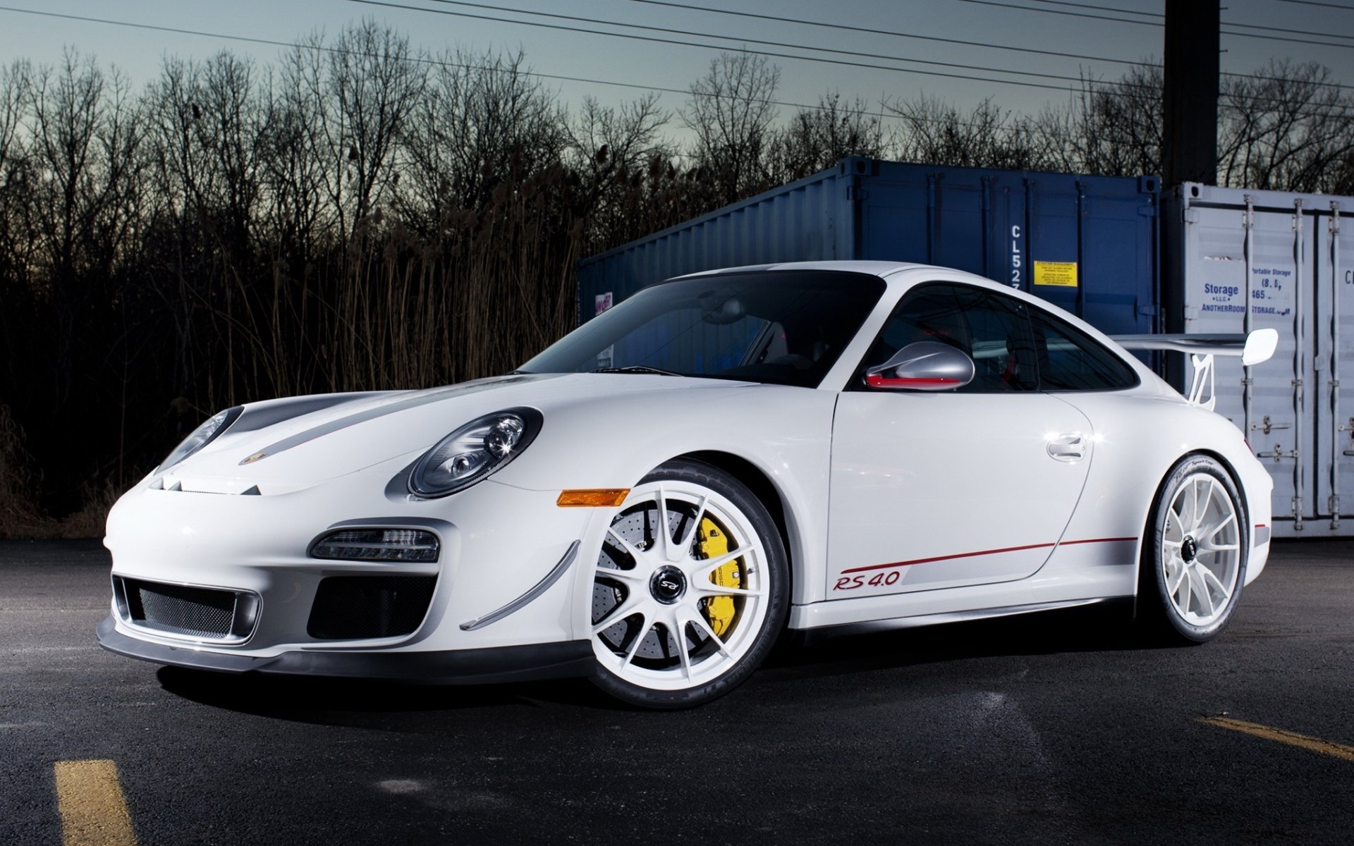 porsche 911 gt3 rs 4.0 porsche gt3 supercar anteriore bianco tuning alberi cielo