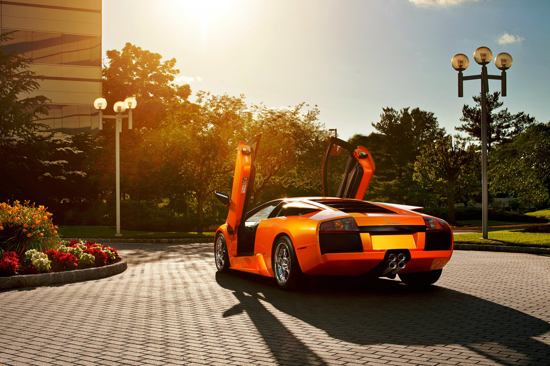 lamborghini murcielago naranja lamborghini lamborghini murselago puertas abiertas puertas lambo poste de luz flores adoquines resplandor