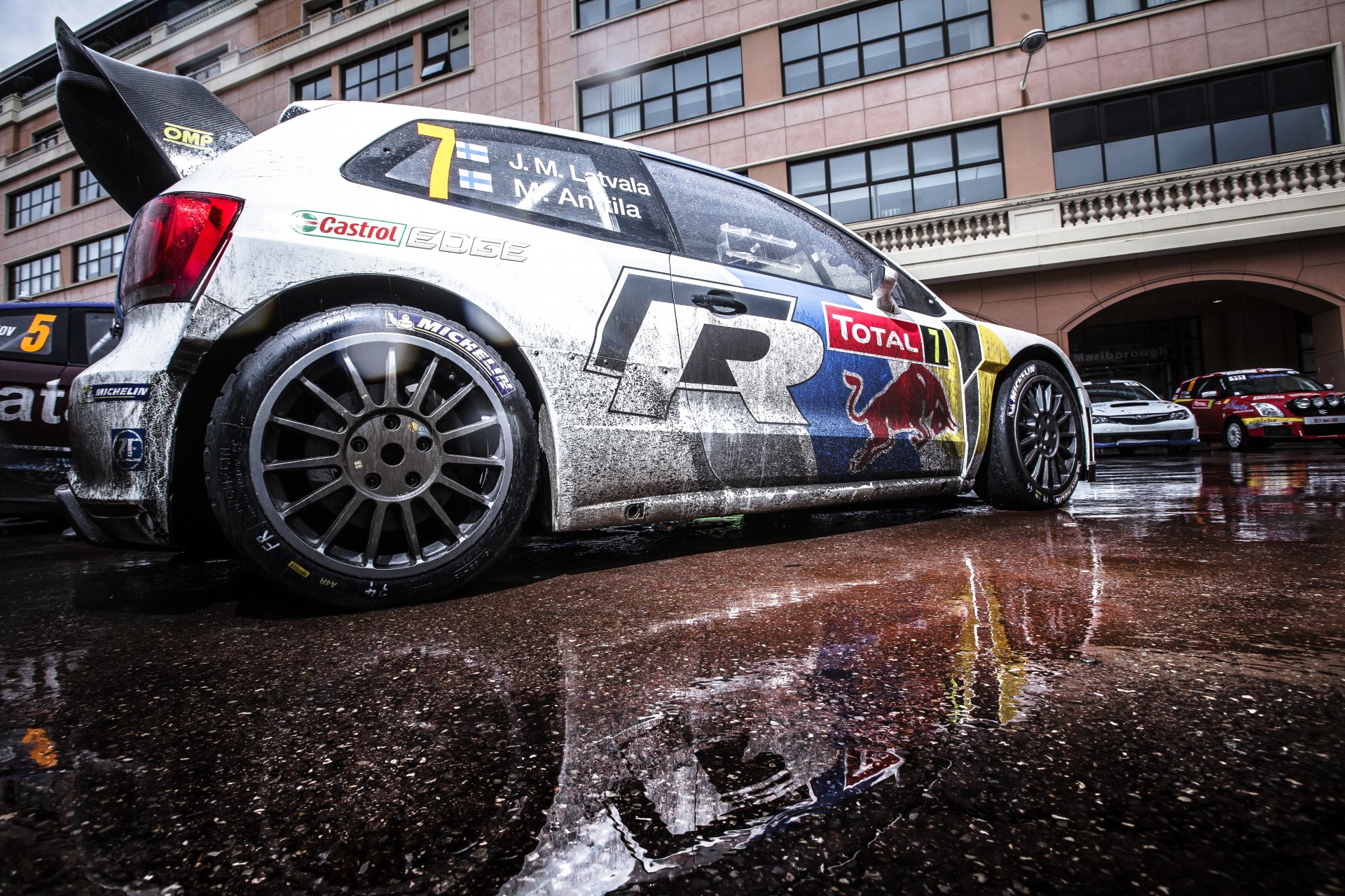 volkswagen polo rally wrc jari matti latvala reflection red bull wheel machine