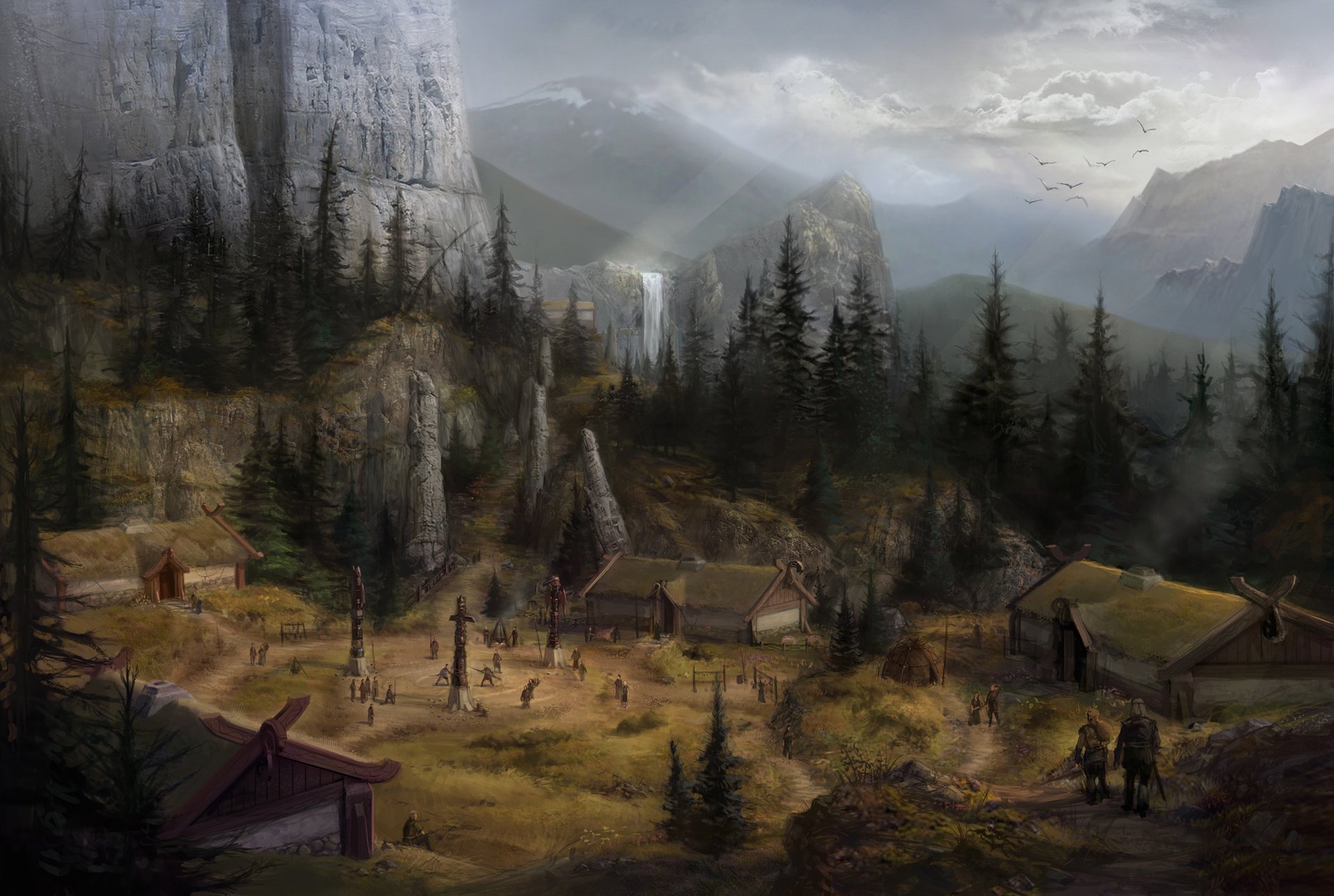 dragon age wasserfall concept art land häuser landschaft berge