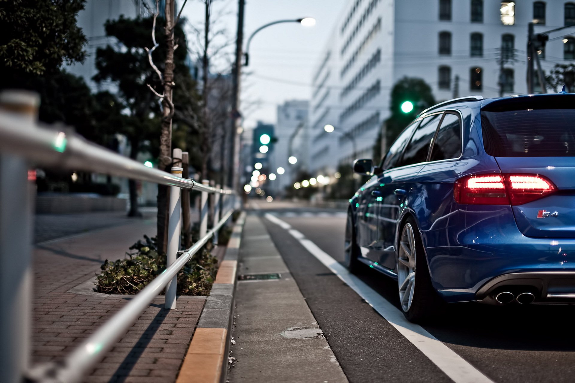 audi s4 blue estate town street bokeh blur