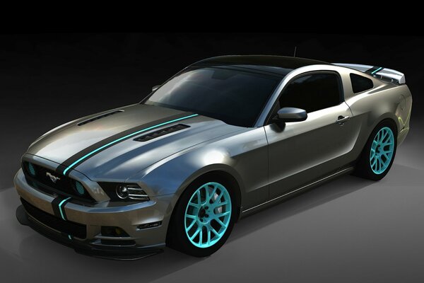 Ford Mustang grau matt mit blauen Felgen