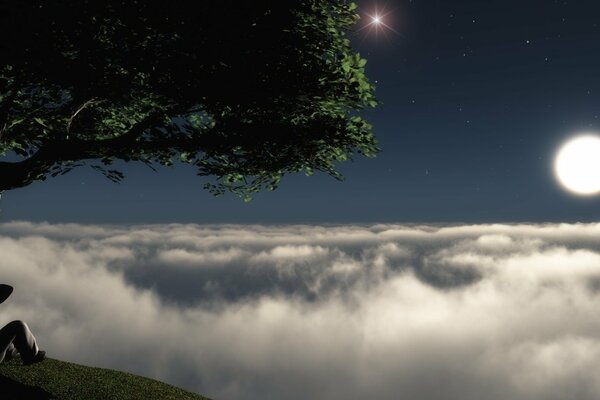 A tree on the edge of a cliff in the night sky