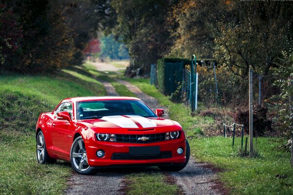 Chevrolet Camaro на просёлочной дороге в сельской местности