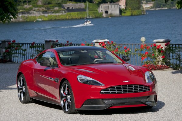 El coche rojo de aston martin. Flores rojas