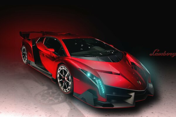 Roter Lamborghini-Supersportwagen mit beleuchteten Scheinwerfern