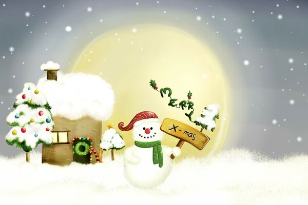 Bonhomme de neige près de la maison avec des félicitations festives